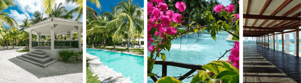 Photo collage of four images at a resort showing a gazebo, a narrow pool along a stone path, a vine of roses with a pool on the other side, and a balcony with glass sides looking over a pool at a destination wedding