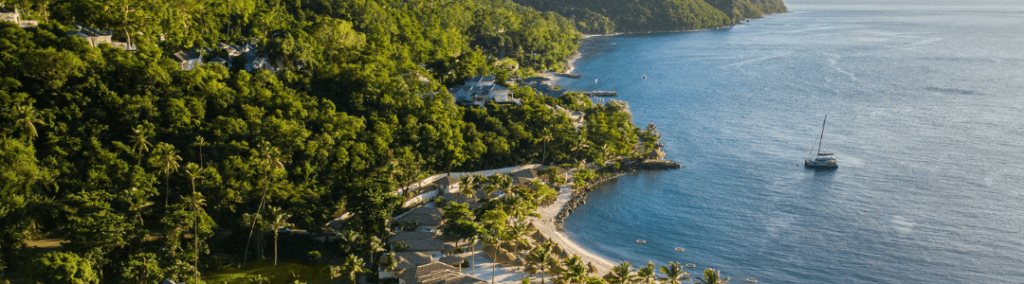Aerial view of the ocean to the right with a sailboat in the water and green trees and wooded area on the left