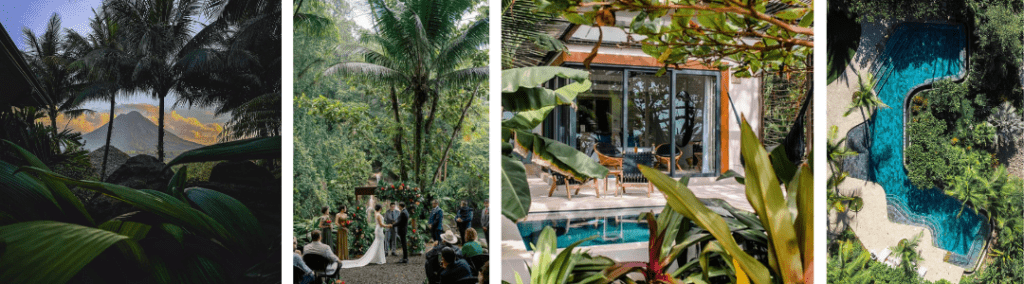 Collage of four images with leafy plants and palm trees looking through to the mountain in the background, a destination wedding in the rain forest, a deck at an all inclusive resort with chairs on the deck and a plunge pool in front and an aerial view of a pool at an all-inclusive resort