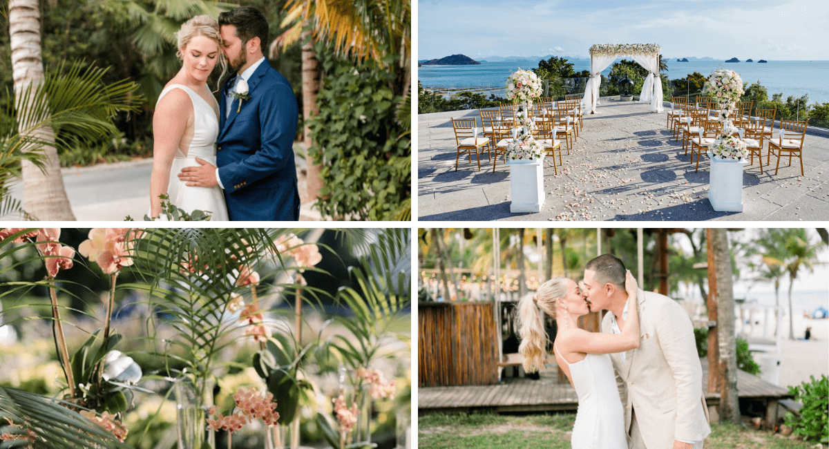 Collage of four images from destination weddings or a couple posing for a picture, a destination wedding setup, flowers in vases and a couple kissing during the reception at a destination wedding