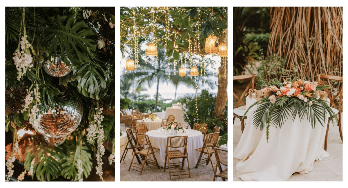Collage of three images showing destination wedding decor with green leafy plants and disco balls, table dset ups, and floral arrangements on tables
