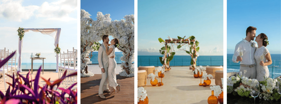 Four picture collage of the Dreams Secrets Bahia Mita weddings set up on the terrace
