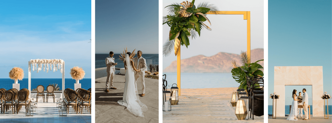 Four picture collage of weddings set up at Le Blanc Los Cabos on the terrace