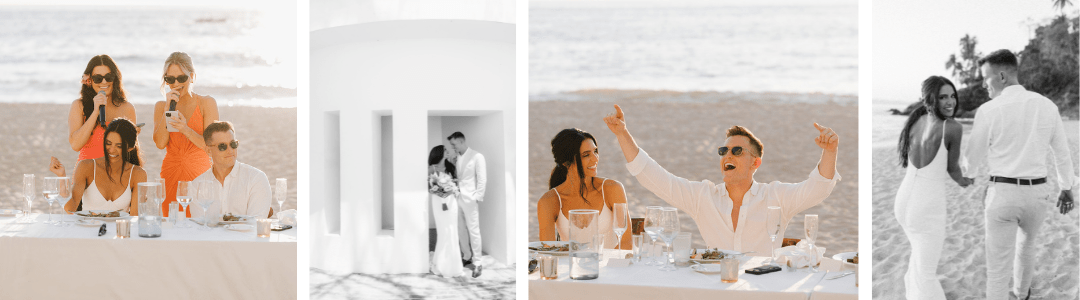 A collage of a couple's destination wedding including photos of them at their head table during the reception and photos of them on the beach.
