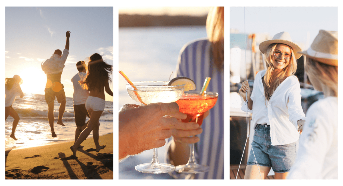 A three picture collage of destination wedding guests enjoying themselves on their vacation