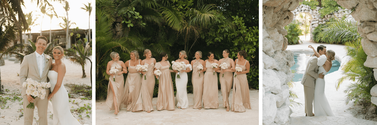 Bridesmaids standing in a line with the bride at a destination wedding.