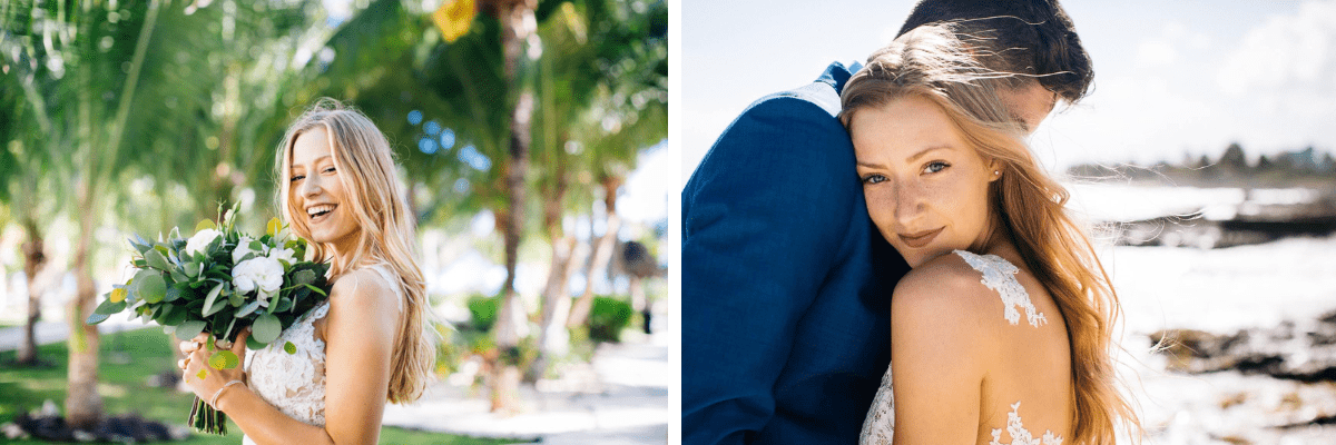 Two pictures side by side of a bride holding her flowers with palm trees in the background and one her the groom hugging her with her face toward the camera and smiling