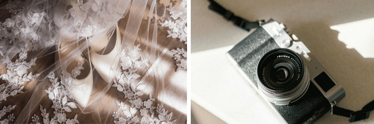 Two images side by side of a brides shoes covered with her veil and an old camera sitting on a table