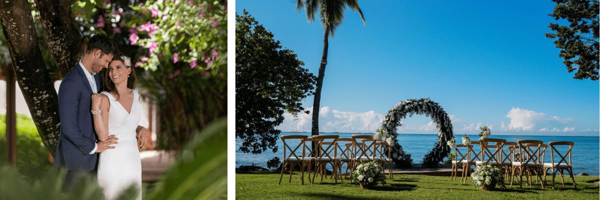 Two pictures at a garden wedding resort with a bride and groom standing under a tree with floral backdrop and a destination wedding setup with a round greenery arch with the ocean backdrop