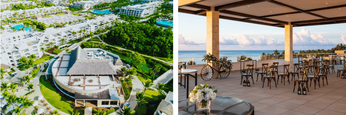 Two photos side by side with an aerial view of Hard Rock Punta Cana resort and a picture of a rooftop wedding venue at Hard Rock