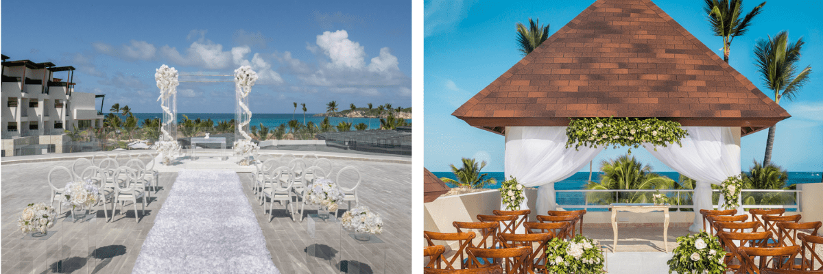 Two picture at a destination wedding showing the rooftop venue at Dreams Macao Beach and the wedding arch setting available 