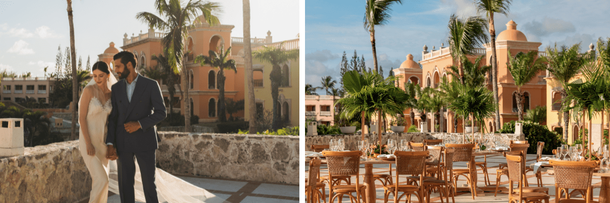 Grand Colonial Terrace Wedding at Sanctuary Cap Cana with side by side pictures of the bride and groom with a colonial backdrop and a picture of the colonial backdrop with table settings in front
