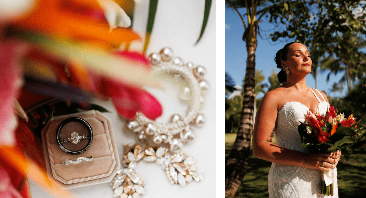 Wedding rings, jewelry, and bride holding her bouquet at a destination wedding planned by a destination wedding travel agent