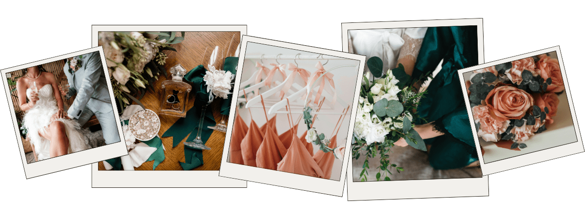 Emerald green, peach, and gold tropical wedding color palette inspired by Mexico and Caribbean garden venues.