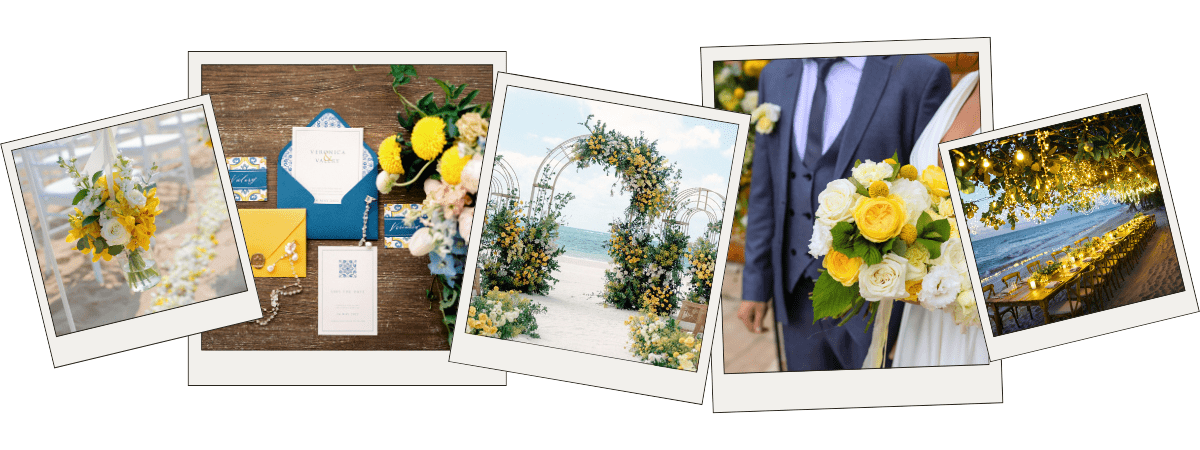 Bright yellow with greens and blues color palette inspiration picture collage for a tropical beach wedding