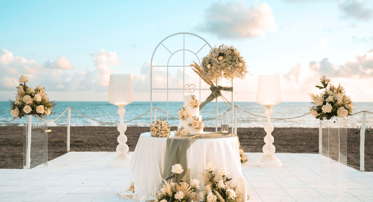 Destination wedding set up on the beach and what to look for in a destination wedding package