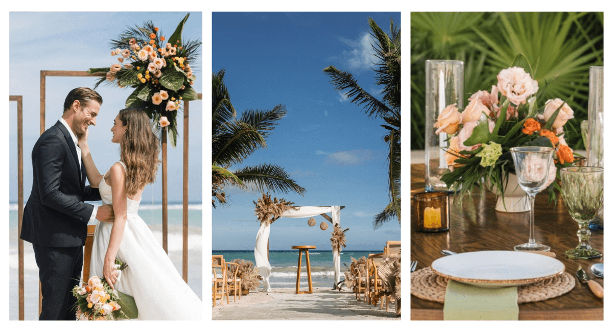 Unico-20-105-Riviera-Nayarit Picture collage of wedding couple exchanging vows at Unico Riviera Nayarit, the wedding ceremony setup with floral decorations, and the placemat set up at the reception.