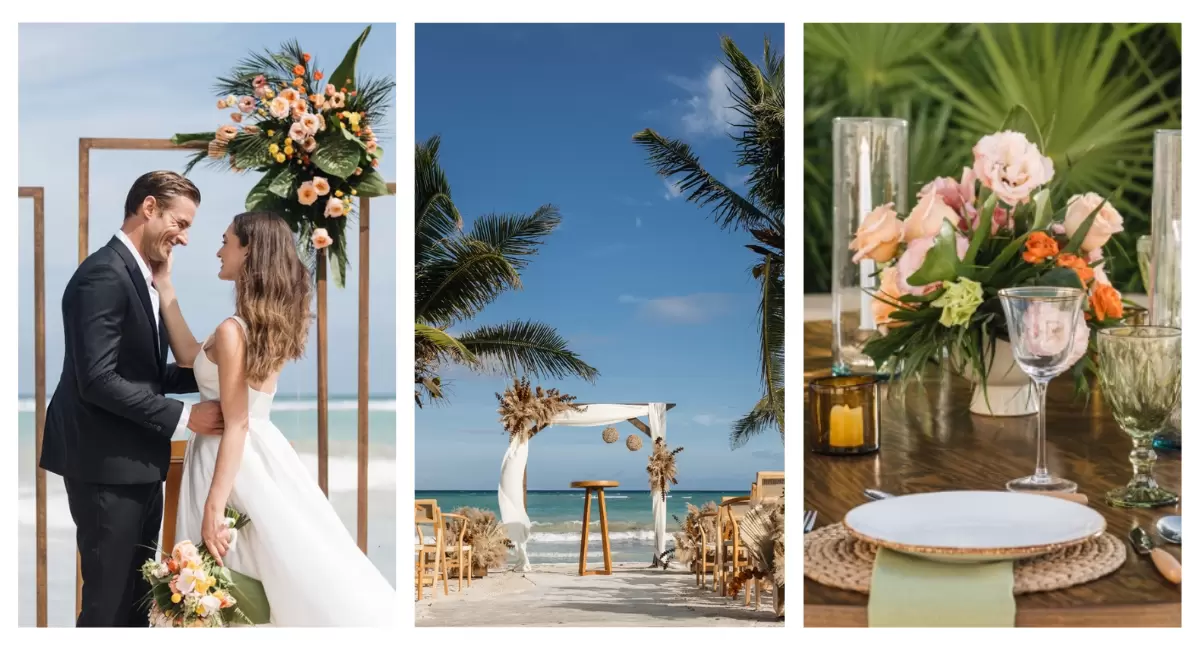 Unico-20-105-Riviera-Nayarit Picture collage of wedding couple exchanging vows at Unico Riviera Nayarit, the wedding ceremony setup with floral decorations, and the placemat set up at the reception.