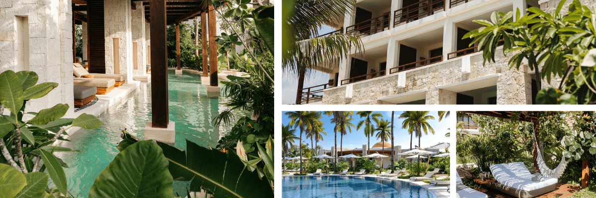 All-inclusive resort featuring guest room buildings and pool area included in a destination wedding room block.
